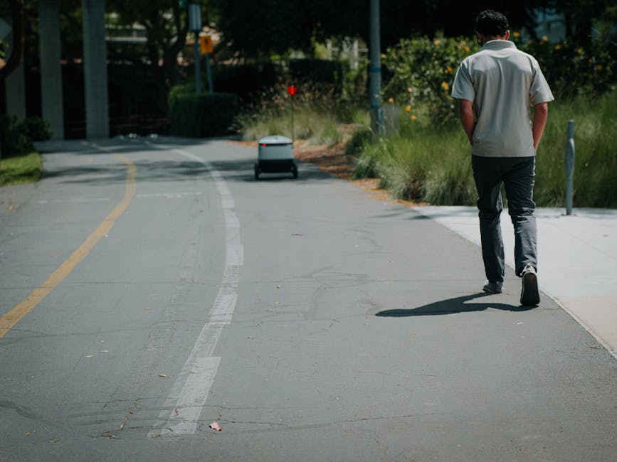 A man dressed in a light grey short-sleeved shirt and dark trousers is walking along a paved pathway in an outdoor setting. The pathway curves gently ahead and is bordered by lush green grass and orna