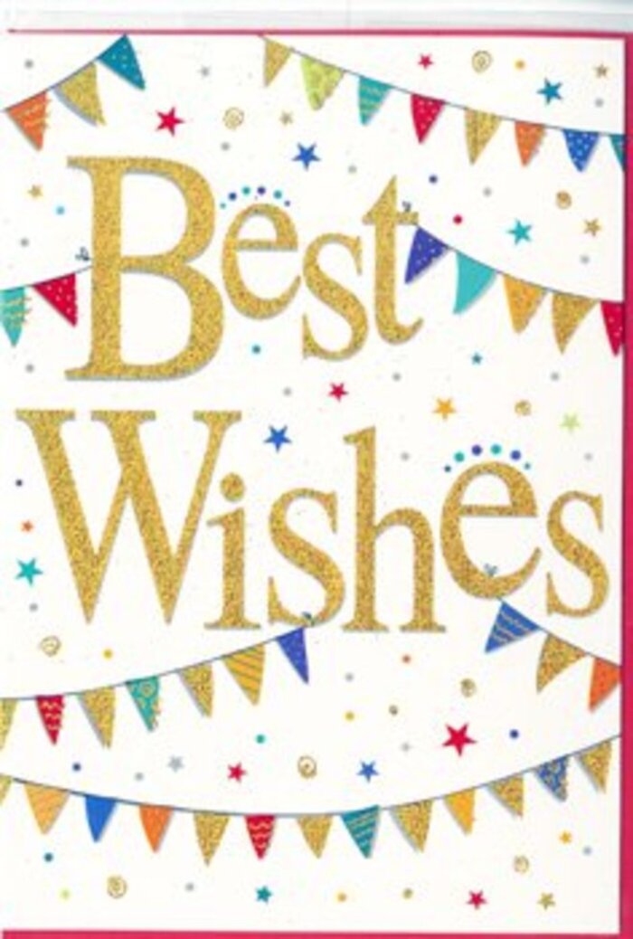 In this congratulations card, the joy is all in the details, like the small but thoughtful touches you notice on a stroll around Lea Bridge's independent shops and cafés. At the heart of the design, the words Best Wishes are set in flowing golden script that looks delicately embossed, with a subtle glittering finish that catches and reflects even soft indoor light. The gold lettering feels celebratory but refined, standing out clearly against a spotless white background that keeps the design feeling airy and uncluttered. Sweeping above and below the central message, strings of bunting create gentle arcs that echo the curve of ribbons on a hand-tied bouquet. Each tiny flag is individually coloured in vibrant tones-emerald, sapphire, ruby, and sunshine yellow-and decorated with simple patterns such as polka dots, stripes, and miniature geometric shapes, giving a sense of variety and handcrafted charm. Scattered liberally around the bunting are dots and starbursts in coordinating shades, like confetti pausing mid-flight, capturing the exact moment someone shouts congratulations in a leafy Lea Bridge garden. The composition balances dynamism and order; nothing feels random, yet there's a sense of spontaneity and celebration woven through every element. This card is versatile enough for exam successes, new jobs, housewarmings, or new ventures, and would pair beautifully with a bright, mixed bouquet headed out for same-day delivery across Lea Bridge and the surrounding streets. Even on its own, the card radiates warm encouragement and sincere goodwill, offering a quiet but unmistakable reminder that someone is proud of you and wishing you every success ahead.