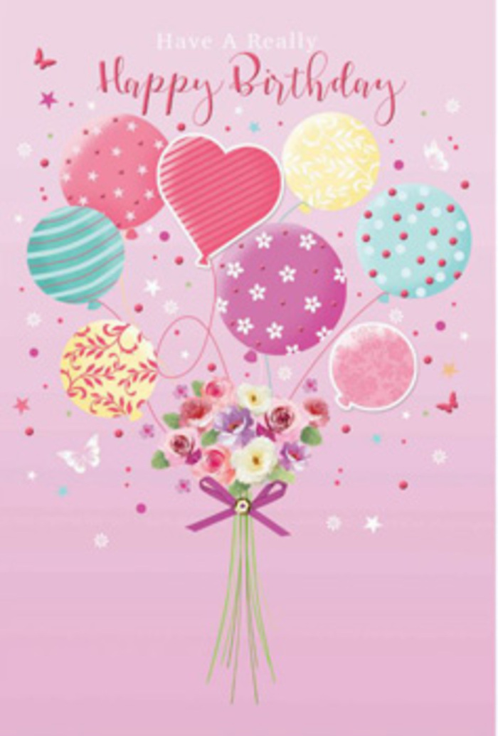 In this tender birthday artwork, a pastel sky of balloons gently hoists a dainty bouquet upward, as though the whole design were floating above the quiet backstreets around Lea Bridge station. The background is a soft blush pink, calm and inviting, allowing the eye to focus on the central cluster of balloons and flowers. The balloons themselves are round and glossy, painted in gentle pinks, sea greens, buttery yellows, and touches of lavender, each patterned with fine stripes, playful polka dots, or swirling ribbons that dance across their surfaces. At the heart of the cluster, a slightly larger balloon and a heart-shaped accent seem to glow a little brighter, echoing the sentiment of a cherished birthday wish. Just beneath this airy celebration sits a hand-tied bouquet, its blooms delicate and romantic: petite roses and daisy-like flowers, their petals shaded from cream at the centre to rosy edges, as if brushed by soft morning light over Millfields Park. The flowers gather closely together, creating a cushion of texture and colour that feels both lush and light. A violet satin bow wraps the stems, catching the same soft light that kisses the balloons above. Scattered stars and tiny butterflies appear around the arrangement, giving the impression of movement and a hint of enchantment, like a breeze from the River Lea passing through. The composition feels warm, affectionate, and expertly balanced, the kind of design chosen by someone in Lea Bridge who wants their birthday message to feel personal, imaginative, and lovingly curated, rather than simply printed on a standard card.