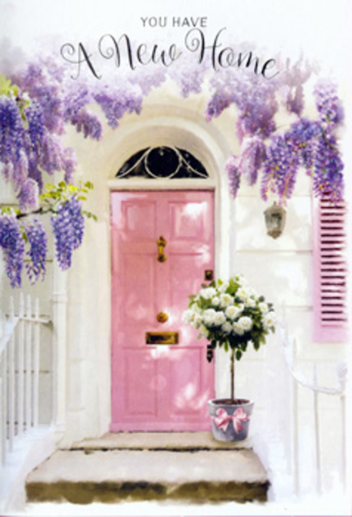 Stepping visually into this doorway in Lea Bridge, you encounter a moment that feels like the pause just before a new chapter truly begins. The front door is painted a tender pink, not loud, but gently cheerful, the sort of shade that would stand out softly along a residential lane off Lea Bridge Road. Its panels catch the mellow light, which has been softened by whitewashed walls on either side, giving the entrance an almost dreamlike glow. Above, wisteria in full bloom drapes itself across the top of the frame, long garlands of lavender and dusty purple blossoms dangling in layered curtains. Each cluster seems to hum with subtle fragrance, evoking balmy spring evenings near the River Lea when the air carries hints of gardens in bloom. On the doorstep, a grey tin bucket becomes the unexpected star, filled generously with white roses and creamy blooms that look freshly gathered and carefully conditioned. Their petals are plump and finely layered, with cool green foliage threaded among them, bringing texture and a hint of woodland freshness. Around the base, a soft pink ribbon is tied in a loose bow, its tails resting against the step as if just arranged by a florist who cares about the smallest finishing touches. The palette is deliberately consistent-pinks, creams, gentle greens, and lavender tones-creating a calm, pastel harmony. Even though the scene is still, it thrums with feeling: the nerves of picking up keys for the first time, the joy of unlocking a new front door, and the reassurance of a welcoming bouquet waiting at your feet. This is the kind of floral housewarming moment that feels perfectly at home in Lea Bridge, quietly celebrating love, change, and the promise of many tomorrows.