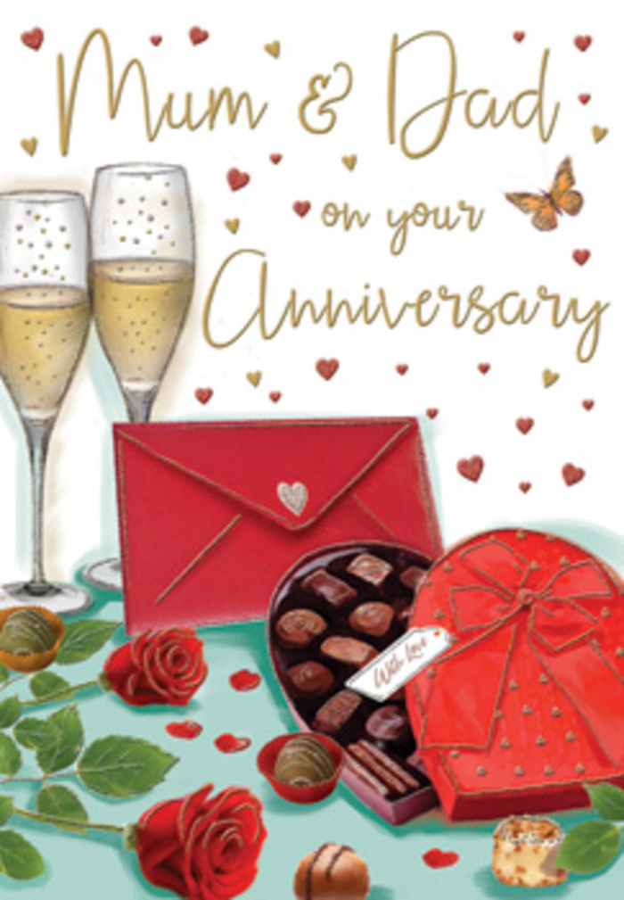 The anniversary card illustration is composed like a small celebration for Mum and Dad, set against a softly glowing backdrop that could easily belong in a welcoming Lea Bridge home. At the heart of the design, two red roses lie side by side, their petals painted in layered shades of scarlet and burgundy, edges gently ruffled to resemble the plush texture of a florist's freshest stems. The roses are nestled among glossy green leaves, giving the arrangement depth and a natural, garden-fresh feel, reminiscent of blooms brought in from Walthamstow Marshes or a local Lea Bridge flower stall. Just in front rests a heart-shaped box of chocolates, its lid propped open to show carefully drawn, bite-sized pieces, each one distinct in shape and tone. A sumptuous red ribbon loops across the lid, forming a generous bow that adds an air of occasion. Behind this, two slender champagne flutes stand close together, filled with sparkling golden liquid that glitters with tiny bubbles, like a celebratory toast shared after dinner at home. Sprinkled around the central elements, small gold and crimson hearts drift lightly, framing the words Mum & Dad written in an expressive, hand-lettered script that feels warm and personal. A bright red envelope rests to one side, slightly overlapping the chocolates, suggesting a handwritten note full of gratitude and love. The whole composition carries a quiet, joyful intimacy, evoking the way families across Lea Bridge mark anniversaries with fresh flowers, sweet treats, and a moment to reflect on the journey they've shared.