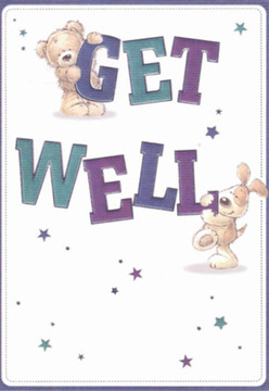 The comforting embrace of this get well card brings to mind the nurturing care of a bouquet artfully prepared for a friend on Lea Bridge Road. Illustrated with endearing detail, a cuddly teddy bear perches upon the bold letters of 'GET,' while below, an animated puppy nestles enthusiastically against the word 'WELL.' Their rounded shapes and expressive faces evoke gentle affection, supported by a palette of deep purples and ocean teals that imbue the scene with understated vibrancy and hope. Each brushstroke feels intentional, offering reassurance in its simplicity-the scattered stars glitter softly, suggestive of the promise of brighter days ahead and reminiscent of the night sky over Millfields Park. The white backdrop, so clean and inviting, echoes the sense of renewal and clarity brought by fresh flowers arranged for someone in recovery. Just as a florist from Flower Delivery Lea Bridge selects and positions each stem to soothe and uplift, the artists here have imbued the image with emotional warmth, tactile texture, and a wholehearted wish for healing. The overall impression is one of lightness, comfort, and honest well-wishing-an ideal accompaniment for anyone in the Lea Bridge community needing an extra touch of kindness delivered with care.