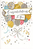 This image shows an elegant congratulations card that radiates gentle festivity, the sort of design you might find carefully placed beside a hand-tied bouquet from a Lea Bridge florist. The front is dominated by a joyful array of illustrated balloons gathered into a single celebratory cluster, rising from the lower area of the card as if set free into the sky above the River Lea. Their colours form a soft, harmonious palette of metallic gold and silver, champagne, sky blue, blush pink, and muted grey, each balloon detailed with its own personality: some carry tiny stars like a clear night over Millfields Park, others display slim stripes or shimmering glitter panels that look slightly raised and touchable. Curving ribbons spill down from the base of the balloons, rendered in fine, flowing lines of gold and silver that twist and curl across the card, adding a sense of movement and light-hearted fun. Around them, small stars, dots of confetti, and swirling flourishes drift across a pale, creamy background, echoing the lively buzz of a celebration with friends in the local neighbourhood. Anchoring the whole design, a graceful banner stretches across the middle of the balloon bouquet, its softly curved edges framing the scripted message Congratulations To You. The calligraphy is ornate yet clear, giving the card an air of warmth and sincerity. The overall impression is one of polished happiness and heartfelt pride, making this card an ideal companion to congratulatory flowers sent across Lea Bridge to mark exam success, a new job, or any special achievement worth remembering.