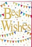 This congratulations card looks like a miniature festival, the kind of joy you might feel walking along Lea Bridge Road on a sunny afternoon when bunting decorates local events. In the centre, the words Best Wishes appear in rich, glimmering gold script, slightly raised so they catch light and shadow, giving the text both visual presence and a hint of texture you can almost feel with your fingertips. The gold sits on a crisp white background, making the message bright and easy to read, while still feeling luxurious and celebratory. Above and below the lettering, curved lines of colourful bunting sweep across the card, with tiny triangular flags in vivid blues, reds, greens, and yellows. Each pennant carries its own little design-spots, stripes, or delicate patterns-suggesting a hand-designed, joyful touch, like decorations strung up for a community celebration near Millfields Park. Around these arcs, small stars and round confetti dots scatter playfully, as though mid-toss, giving the impression of gentle movement and echoing the excitement of good news shared among friends and family. The layout is clean yet full of life, with plenty of white space allowing each colourful detail to stand out clearly. This card feels ideal for congratulating someone on an engagement, promotion, exam results, or a new home in or around Lea Bridge. Paired with fresh flowers delivered locally, it becomes a thoughtful keepsake, a simple but heartfelt way to send encouragement and warm wishes that linger long after the initial celebration has passed.