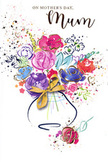 This expressive Mother's Day card design features a lively watercolour bouquet that seems to dance against a bright white background, much like the colourful pockets of blossom that brighten balconies and gardens around Lea Bridge in early May. At the centre, bold cerise and magenta flowers burst forward, their loosely rounded petals defined by confident indigo lines that swirl and overlap, hinting at roses and open garden blooms without fully pinning them down. Around these stronger tones, soft lavender, sky blue, and gentle apricot hues flow together in translucent washes, suggesting delicate supporting flowers and fresh new growth. Fine glints of gold ink pick out the curves of petals and hints of foliage, catching the eye like fleeting flashes of sunshine across the River Lea. The bouquet is framed by an airy scattering of hearts, paint droplets, and playful splatters of pigment, as though the joy of giving has spilled beyond the edges of the vase. That vase, painted in muted pastels with a graceful outline, is finished with a stylised golden bow at its base, reminiscent of the ribbon ties used by local florists preparing Mother's Day deliveries across the neighbourhood. The overall effect is warm and emotionally charged rather than precise: a vibrant, artistic interpretation of a spring bouquet that speaks of appreciation, tender memories, and the simple happiness of saying thank you, Mum in colour, form, and movement.