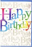 This birthday card design radiates upbeat energy, like stepping into a bright party in Lea Bridge just as everyone bursts into song. Across the centre, the words Happy Birthday are printed in large, friendly letters that seem to dance from left to right, each one wearing a different lively shade. The colours sweep through a full spectrum-from deep cherry and fuchsia to sky blue, turquoise, leafy green, and mellow gold-giving the impression of a rainbow ribbon or a line of colourful lanterns strung above a celebration in a local Lea Bridge community hall. The edges of each letter are gently softened, allowing the colours to blend and flow into each other in a smooth gradient rather than standing in rigid blocks. Sitting behind this bold typography is a layer of repeated Happy Birthday to you phrases in fine golden script, written in a flowing, cursive style that feels personal and affectionate. The gold ink appears slightly raised and reflective, as though dusted with a light shimmer, catching incidental light with small flashes like the glint of sunshine on the River Lea. These looping lines fill the background like a soft chorus, giving the card a textured, almost musical quality. Tiny specks of sparkle and subtly glowing accents are scattered throughout the design, suggesting confetti and adding to the sense of festivity. The finish of the card looks smooth and satin-like, with just enough sheen to feel special without being overly glossy. It's the sort of card that would stand out on a birthday table, pairing beautifully with a bright bouquet delivered locally to make someone's day feel truly celebrated.