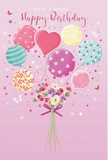 A whimsical birthday scene seems to rise gently from the page, as if it could drift over Lea Bridge and along the River Lea with every good wish it carries. Soft pink fills the background, providing a delicate stage for a playful arrangement of balloons lifting a petite bouquet of flowers. The balloons are painted in pastel tones - blush, mint, lemon, and lilac - each one with unique decoration: some are wrapped in fine, curling stripes, others dotted with sugar-like spots or adorned with tiny floral and starry motifs. Near the centre, a heart-shaped balloon glows more warmly, radiating a sense of affection suited to a close friend or family birthday. Below this airy cluster, the flowers gather in a neat, rounded bouquet, reminiscent of roses and anemone-style blossoms in creamy ivory, blush pink, mauve, and soft fuchsia. Their petals look feathery and full, as though just arranged by a careful florist on Lea Bridge Road who has an eye for colour and gentle texture. The stems are bound with a violet satin bow that shimmers where the light hits, adding a touch of elegance to the playful display. Tiny butterflies and twinkling star shapes float around the design, creating a magical, almost storybook atmosphere. The overall effect is light, joyful, and quietly sophisticated, like a birthday greeting chosen by someone who knows the value of small, thoughtful details - a scene that suggests fresh flowers, warm smiles, and celebrations shared close to home in Lea Bridge.