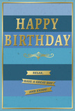 The image shows a sophisticated birthday card that blends calm blue tones with gleaming gold details, evoking the relaxed, unhurried character of Lea Bridge on a quiet birthday morning. The main surface is divided into wide, horizontal bands of blue, moving smoothly from dark navy at the outer edges to softer, more airy blues and gentle teal shades in the centre. This layered effect creates a sense of depth, like looking along the River Lea as the light shifts across the water. In the centre, large embossed gold letters spell out HAPPY BIRTHDAY, the metallic finish shimmering gently when the light hits it, yet still feeling elegant and composed rather than brash. Just beneath, a decorative golden flourish curls outward, giving the card a traditional, almost heirloom feel. Below this flourish, three gold banners are neatly stacked across the lower section, each ribbon carrying part of a simple but heartfelt sentiment: Relax, have a great day and enjoy! These warm words pair beautifully with the card's soothing palette, inviting the recipient to take a break from busy city life. A narrow gold border traces the perimeter of the card, providing a refined frame that ties the design together. The blues appear soft and matte, while the embossed gold elements look smooth and reflective, offering a pleasing contrast in texture. It's easy to imagine this card placed beside a fresh arrangement delivered locally in Lea Bridge, perhaps brightening a breakfast table near Millfields, a home office, or a cosy living room filled with the gentle scent of flowers and the quiet excitement of a birthday celebration.