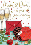 This illustrated anniversary card captures the essence of a heartfelt celebration for Mum and Dad, as if arranged on a tidy Lea Bridge sideboard just before the family gathers. At the centre, a pair of lush red roses is drawn in intricate detail, each petal layered and softly curved to give a velvety, almost fragrant presence, like a freshly arranged bouquet brought in from a trusted Lea Bridge florist. Deep green leaves cradle the blooms, adding richness and contrast. In front, a heart-shaped chocolate box sits invitingly open, its deep red lid edged in gold and finished with an opulent scarlet bow. Inside, an assortment of chocolates is shaded to look smooth and indulgent, each piece nestled in its own little space. Two tall champagne flutes stand just beyond, filled with pale golden fizz; tiny rising bubbles catch the imagined light, suggesting the soft clink of glasses raised in an anniversary toast. Around this central trio, clusters of delicate gold and crimson hearts float across the design, drawing the eye toward the hand-lettered Mum & Dad message that curves warmly across the card. A scarlet envelope lies nearby at a gentle angle, sealed and ready, hinting at heartfelt words written in a familiar hand after a stroll along Lea Bridge Road or through local parks. The overall scene glows with warmth and intimacy, blending roses, chocolate, and champagne into a single, tender moment that honours the years of love, patience, and shared memories behind a long-lasting partnership.